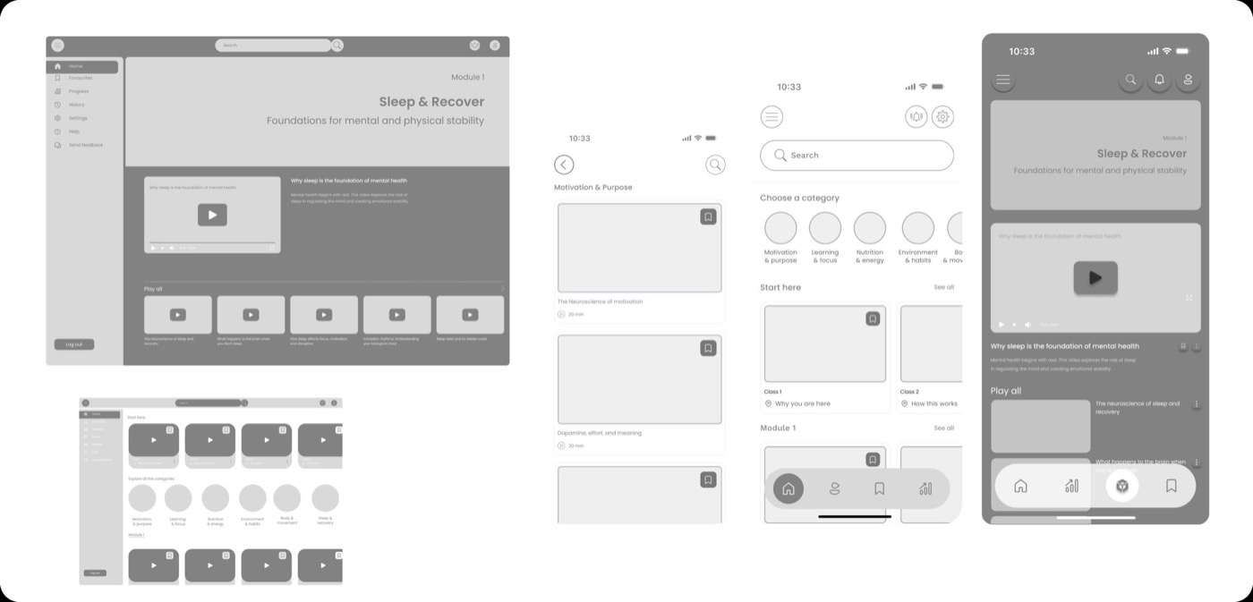 Awake low-fidelity wireframes showing homepage, content player, and progress tracking screens