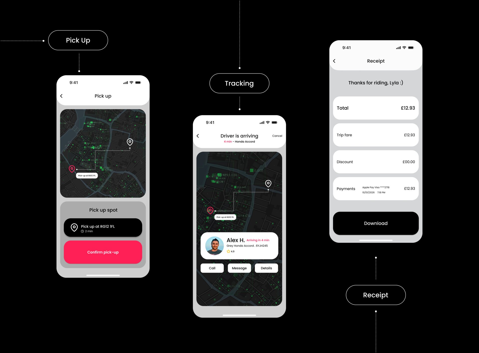 Butterfly Pick Up, Driver Tracking, and Receipt screens