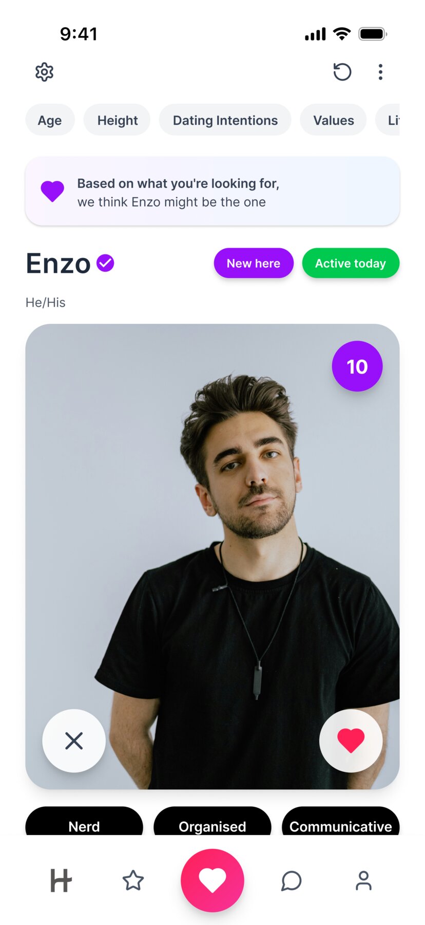 Hinge match interface showing compatibility score and shared interests