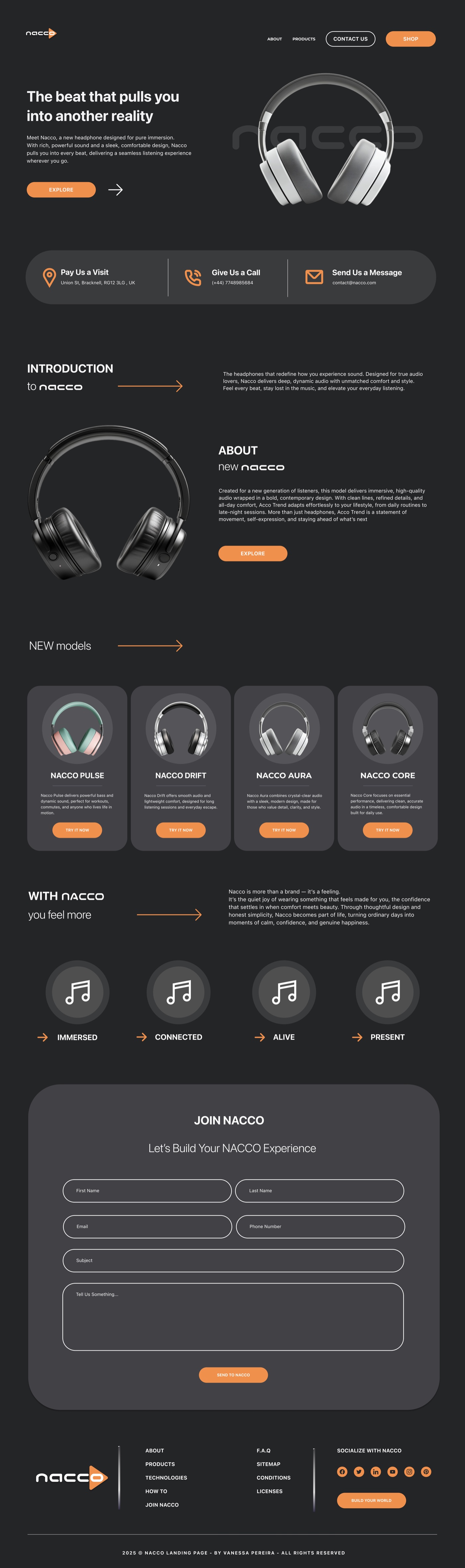 Nacco complete landing page design showing all sections from hero to footer